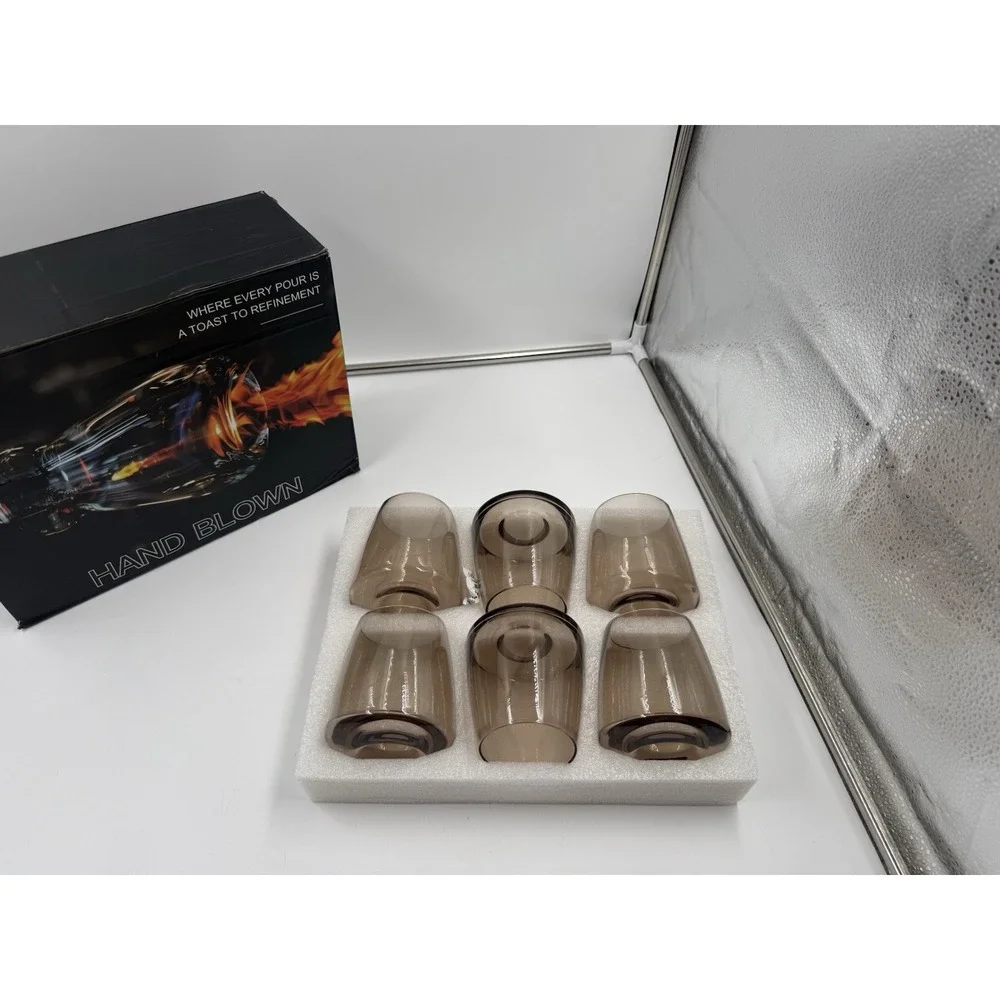 Smokey Grey Stemless Wine Glasses Set of 6-15 oz Hand-Blown Crystal Colored G...